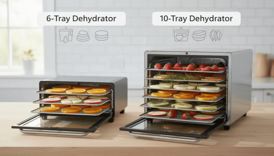 The image compares a 6 tray dehydrator and a 10 tray dehydrator, highlighting the differences in size and capacity. It serves as a visual guide to help users choose the right dehydrator for their needs, which can be found on the website's dedicated page.