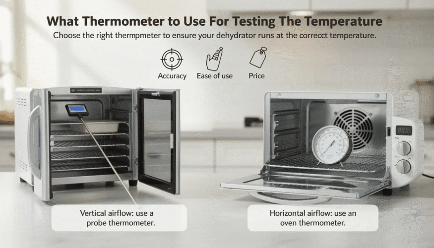 The image shows various thermometers suitable for testing the temperature of a food dehydrator, highlighting a probe thermometer for vertical flow dehydrators and an oven thermometer for horizontal airflow models. These tools are essential for ensuring accurate air temperature during the drying process, which affects the nutritional value and flavor of dehydrated fruits, vegetables, and meats.