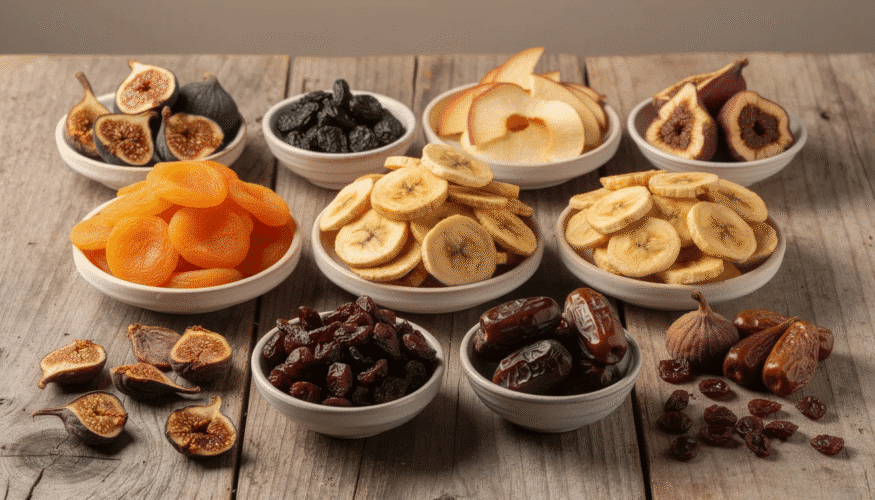The image features an assortment of dried fruits, including apples, bananas, and strawberries, beautifully arranged on five stackable interlocking racks of a Cuisinart food dehydrator. This setup highlights the dehydrating surface area, showcasing how the device can create healthy and delicious snacks in a convenient and efficient manner.