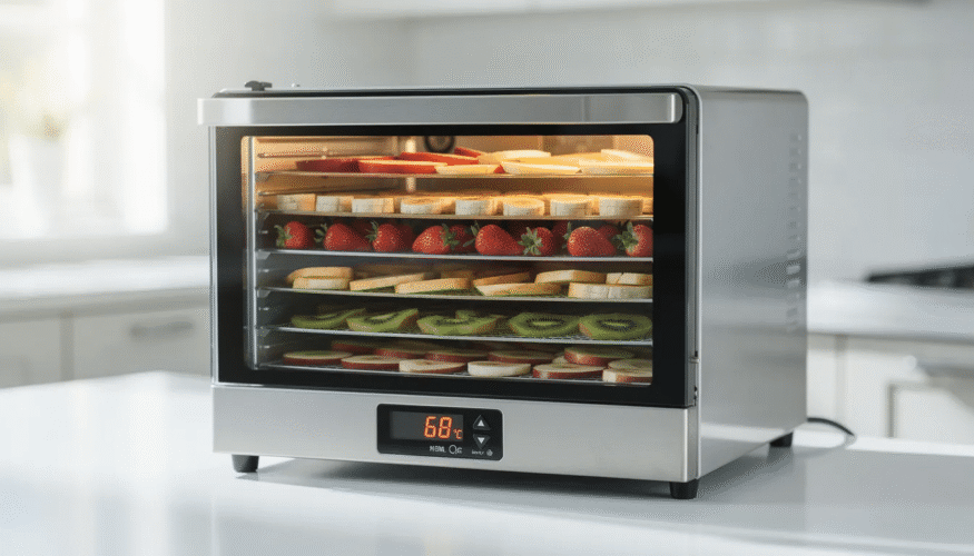 The image shows a food dehydrator filled with thinly sliced sweet potatoes, ready to be transformed into delicious dehydrated sweet potatoes. The slices are arranged in a single layer on the trays, showcasing their vibrant orange color, perfect for making snacks or adding to soups and stews.