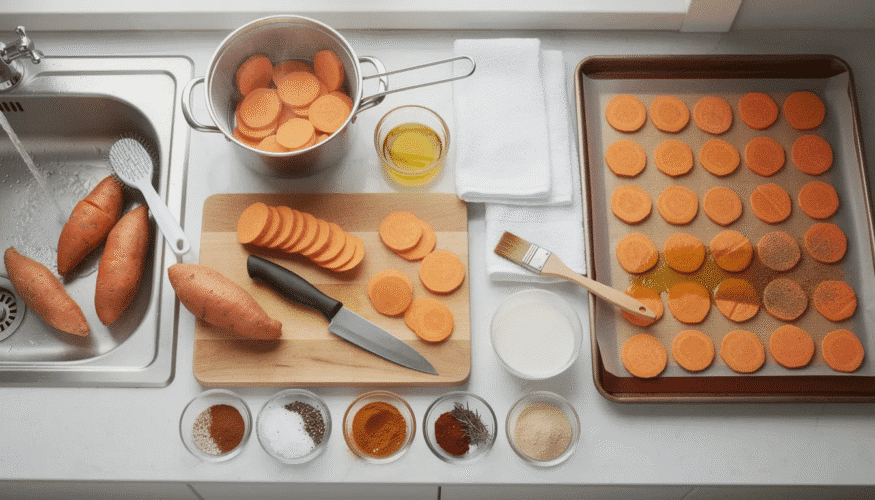 The image depicts the process of preparing sweet potatoes for dehydration, showcasing freshly washed sweet potato slices arranged neatly on a baking tray lined with parchment paper. A sharp knife and a vegetable scrubber are visible, emphasizing the importance of cleanliness and precision in creating evenly sliced dehydrated sweet potatoes.