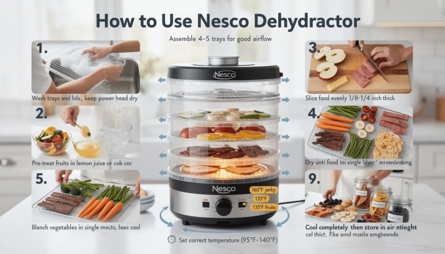 The image depicts a step-by-step checklist for using a Nesco dehydrator, highlighting key actions such as cleaning the trays, slicing food uniformly, and setting the appropriate temperature for dehydrating various items. This guide serves as a practical reference for users to ensure optimal results when using their dehydrator model FD.