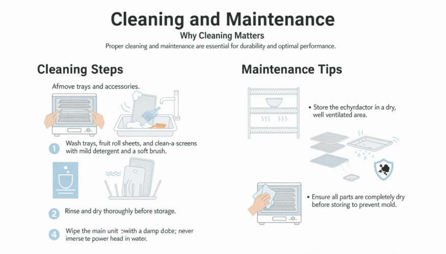 The image depicts a step-by-step guide for cleaning and maintaining a dehydrator, highlighting essential tasks such as washing trays and accessories with mild detergent, wiping the main unit, and ensuring all parts are dry before storage. This maintenance routine is crucial for the dehydrator's durability and optimal performance.