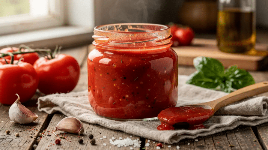 The image depicts a vibrant bowl of homemade tomato sauce, rich in color and texture, with a sprinkle of parmesan cheese on top. This sauce, made from canned tomatoes and seasoned with herbs, can be dehydrated into tomato sauce powder for long-term storage and use in recipes like pasta or marinara sauce.