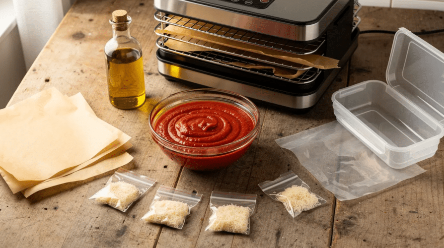 The image displays a setup for dehydrating tomato sauce, featuring a food dehydrator with trays, parchment paper, and small bags of parmesan cheese. It hints at the process of creating tomato sauce powder or tomato leather, ideal for long-term storage and use in various recipes.