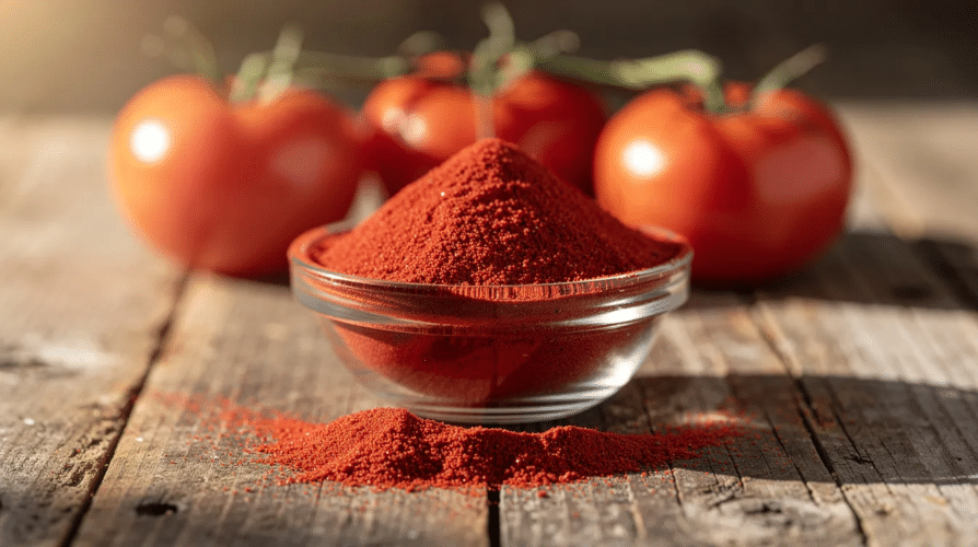 The image features a bowl of vibrant red tomato powder, a versatile ingredient that can be used to enhance the flavor of homemade tomato sauce, marinara sauce, and pasta dishes. This dehydrated product is ideal for long-term storage and can be easily rehydrated with boiling water or used as a seasoning in various recipes.