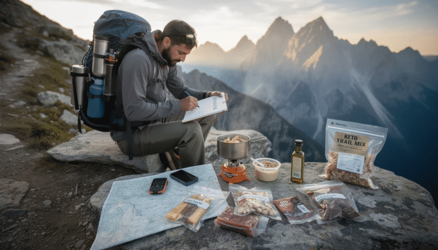 The image showcases a variety of keto backpacking meals, including freeze-dried soups, summer sausage, and almond butter, all arranged in a backpacking setup. These keto-friendly options emphasize high protein and low carbohydrate meals, perfect for fueling your next adventure while maintaining a ketogenic or ketovore diet.