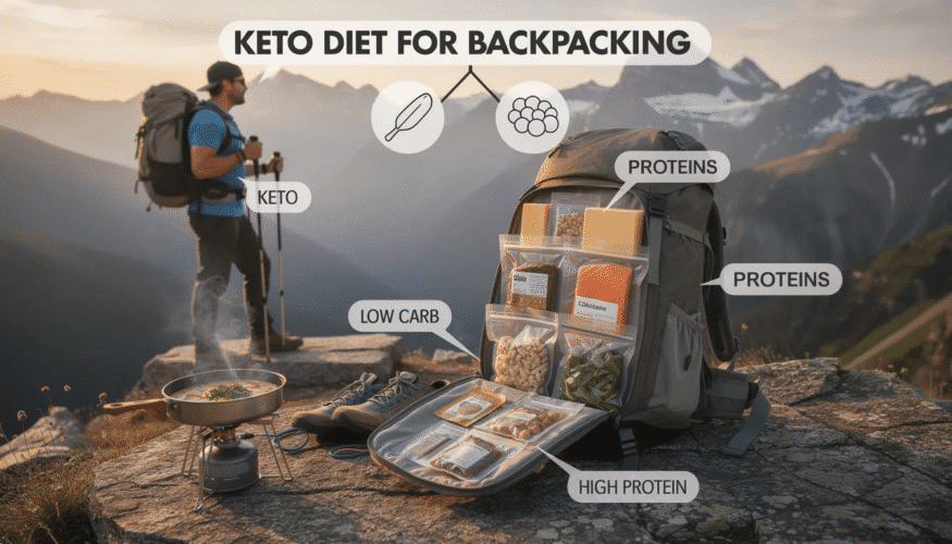 The image depicts a collection of keto backpacking meals, including freeze-dried and dehydrated options like hearty soups, summer sausage, and almond butter, all designed for a ketogenic or ketovore diet. These meals are perfect for fueling your next adventure while keeping carbohydrates low and ensuring high protein and fat content for optimal energy.