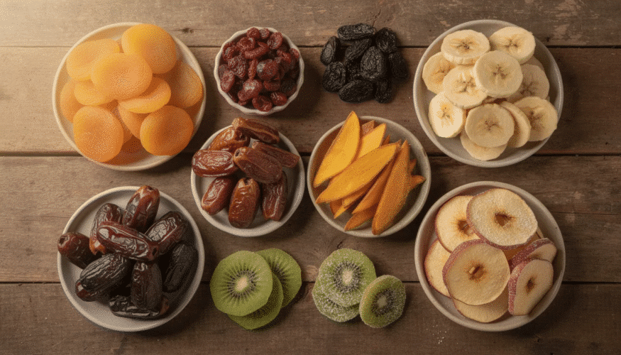 The image showcases an array of colorful dried fruits, including apple chips and dried apricots, neatly arranged in glass jars. These dehydrated fruits serve as a healthy snack option, retaining essential nutrients and dietary fiber, while offering a longer shelf life compared to their fresh counterparts.