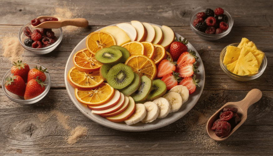 The image showcases a variety of dehydrated fruits, including apple chips and dried apricots, arranged in glass jars. These healthy snacks emphasize the drying process, which helps preserve essential nutrients while extending shelf life compared to their fresh counterparts.