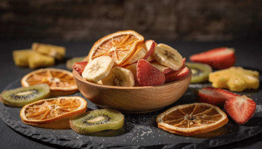 The image showcases a variety of dehydrated fruits, including apple chips and dried apricots, arranged in glass jars. These healthy snacks highlight the food dehydration process, which preserves essential nutrients and extends shelf life compared to their fresh counterparts.