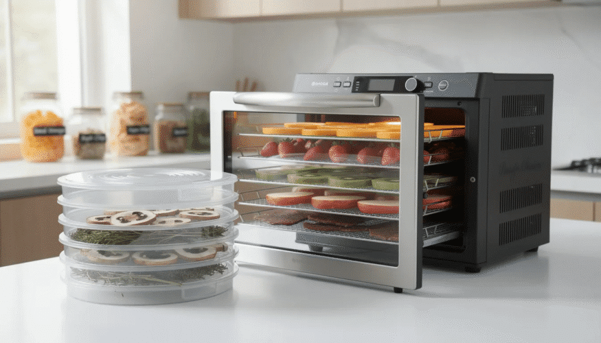The image features a sleek dehydrator positioned on a kitchen countertop, surrounded by an array of fruits and vegetables ready for drying. It suggests a practical choice for those looking to preserve food, with a website page showcasing various models to help you choose the best dehydrator for your needs.