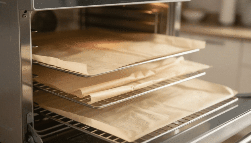 The image shows parchment paper placed inside a food dehydrator, specifically on the dehydrator trays, to assist in the dehydration process of fruits and vegetables. This setup helps prevent sticking and ensures easy cleanup, while also preserving the quality of dehydrated food like fruit leather and crackers.