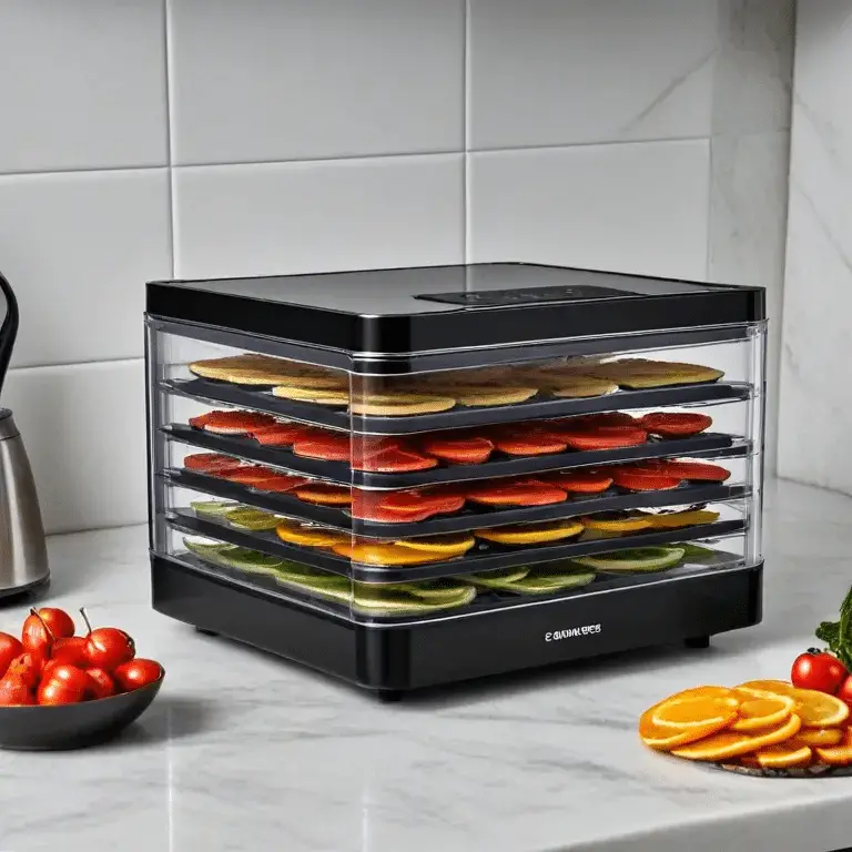 a sleek black square food dehydrator on a kitchen countertop.