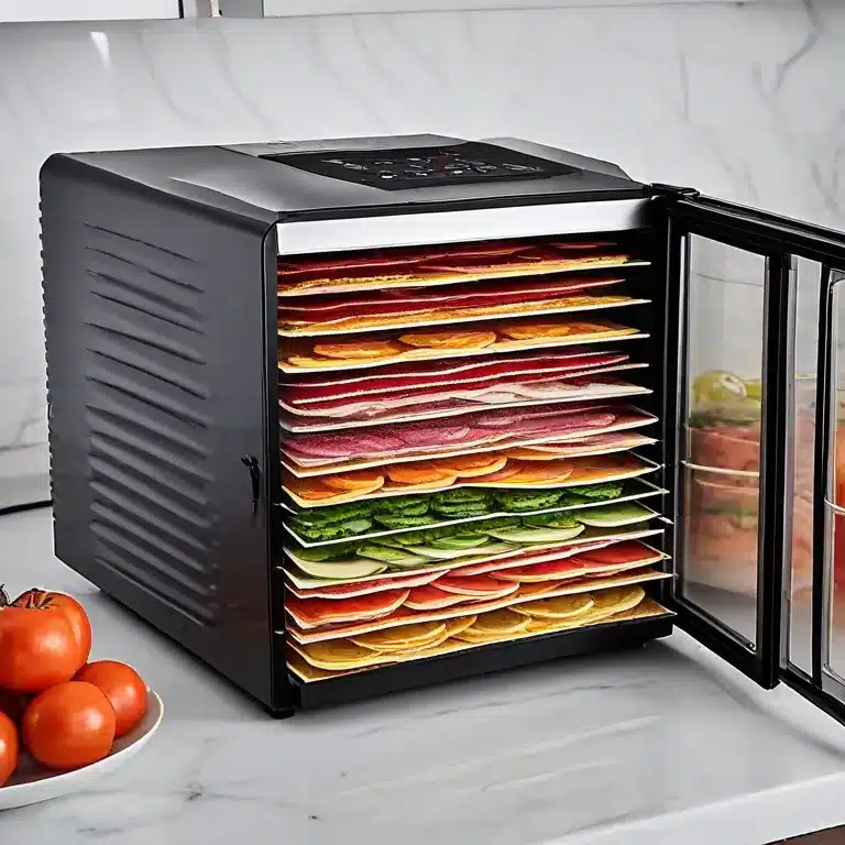 black food dehydrator with food in tray on a marble countertop