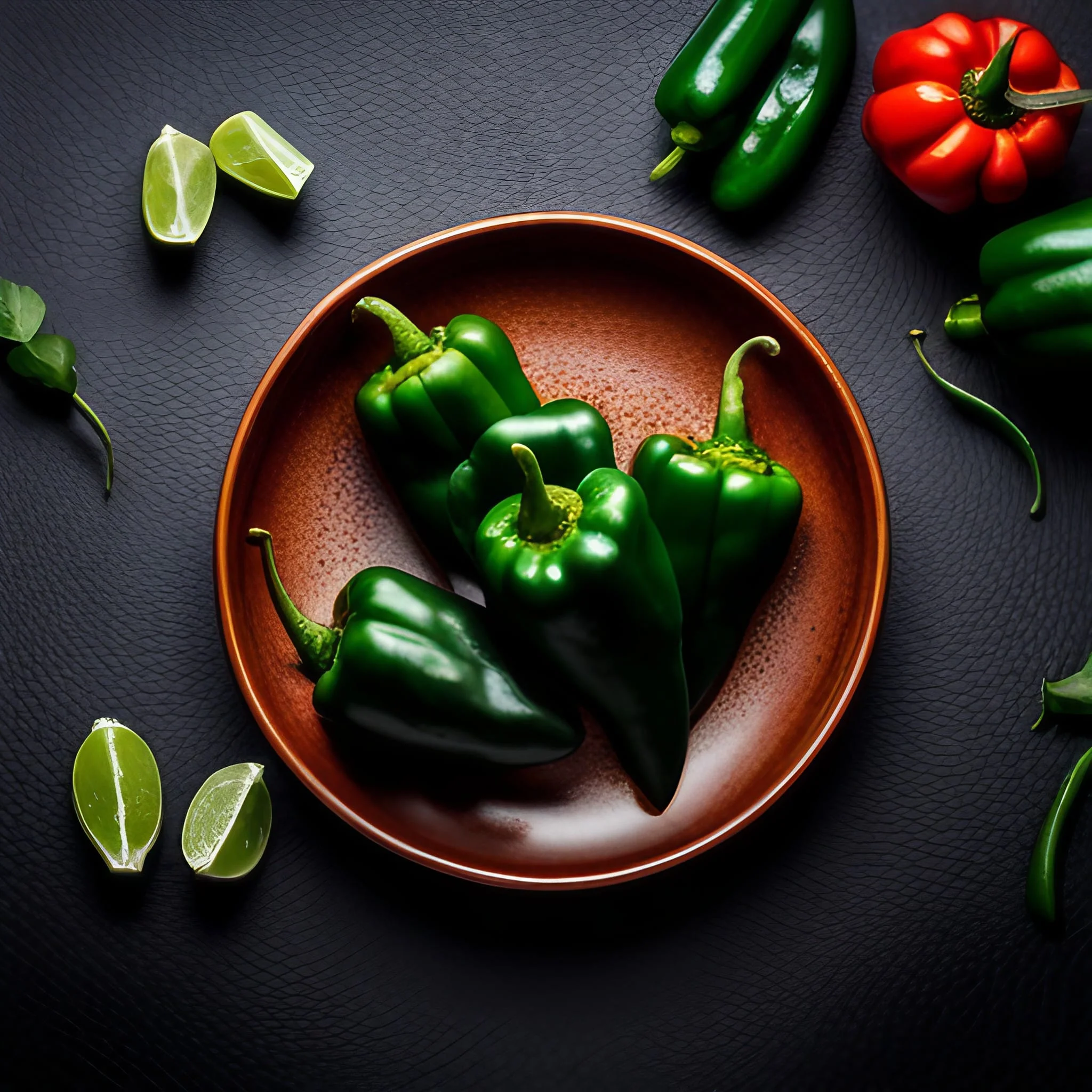poblano peppers in a brown bowl on a dark grey background.