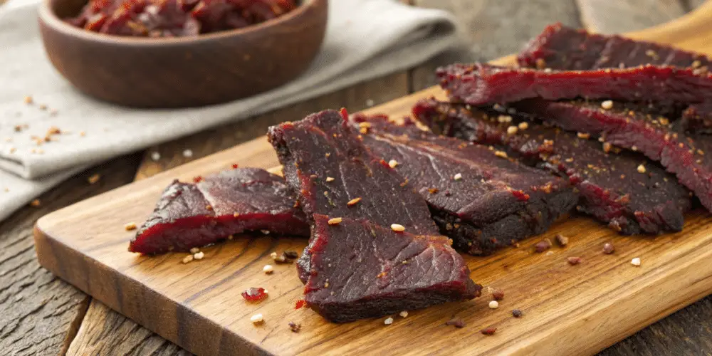 A photo of a culinary scene featuring a wooden cutting board with strips of dark, seasoned beef jerky arranged in various orientations and scattered across the surface. The meat has a rich, dark color and is seasoned with small, spicy-looking ingredients. In the background, there is a wooden bowl containing a similar substance and a piece of a light-colored cloth partially visible under the cutting board. The cutting board is resting on a rustic wooden surface. The image is a close-up, high-resolution photograph.