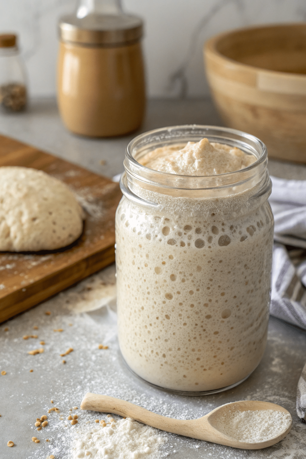 Sourdough starter bubbling in a mason jar