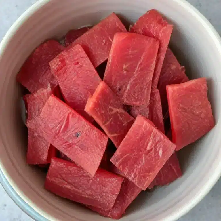 watermelon jerky in a white bowl