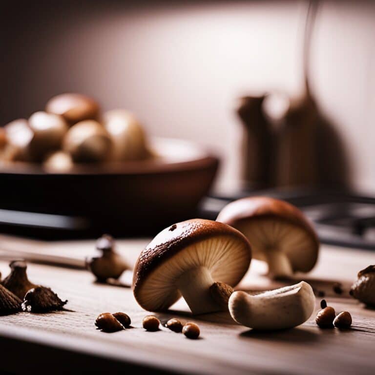 whole mushrooms in a bowl and on top of a kitchen countertop.
