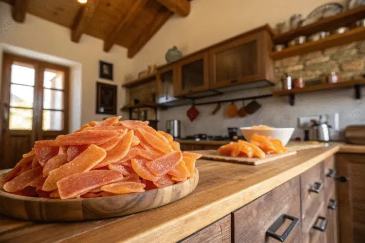Deshydrated papaya on a wooden plate in a cozy farmhouse kitchen.