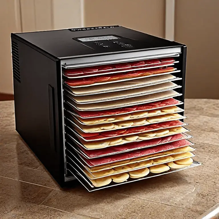 a sleek black food dehydrator on a brown marble table