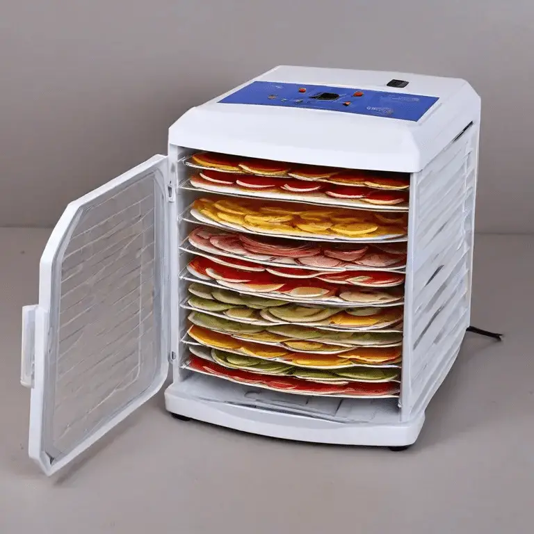 white food dehydrator on a light grey background.