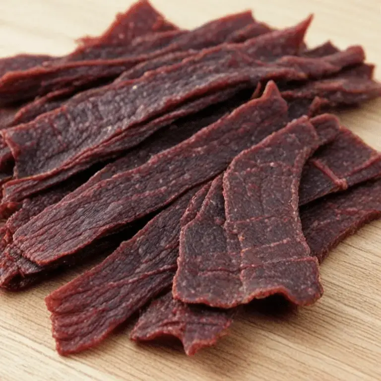 slices jerky on wooden table