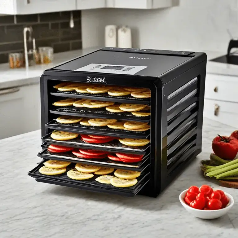 sleek black food dehydrator on marble kitchen countertop.