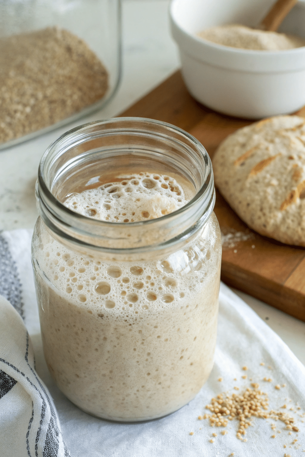 A bubbly and active sourdough starter in a glass jar, indicating it's ready for baking.