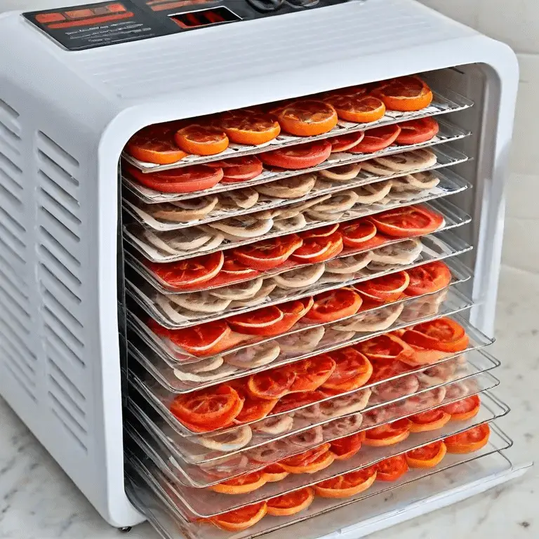white food dehydrator with food in trays