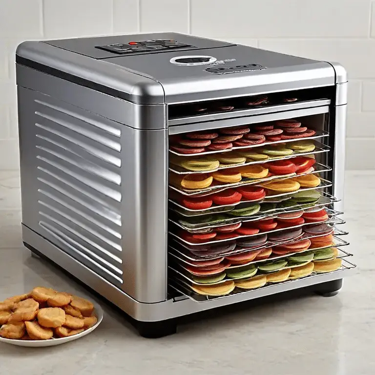 silver sleek food dehydrator on a marble countertop.