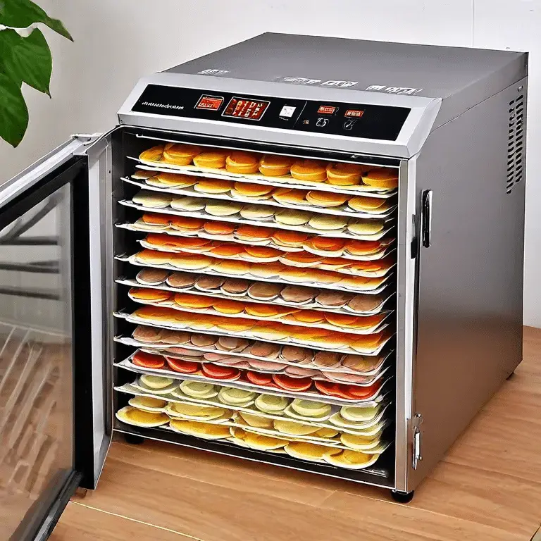 stainless steel food dehydrator on a wooden table