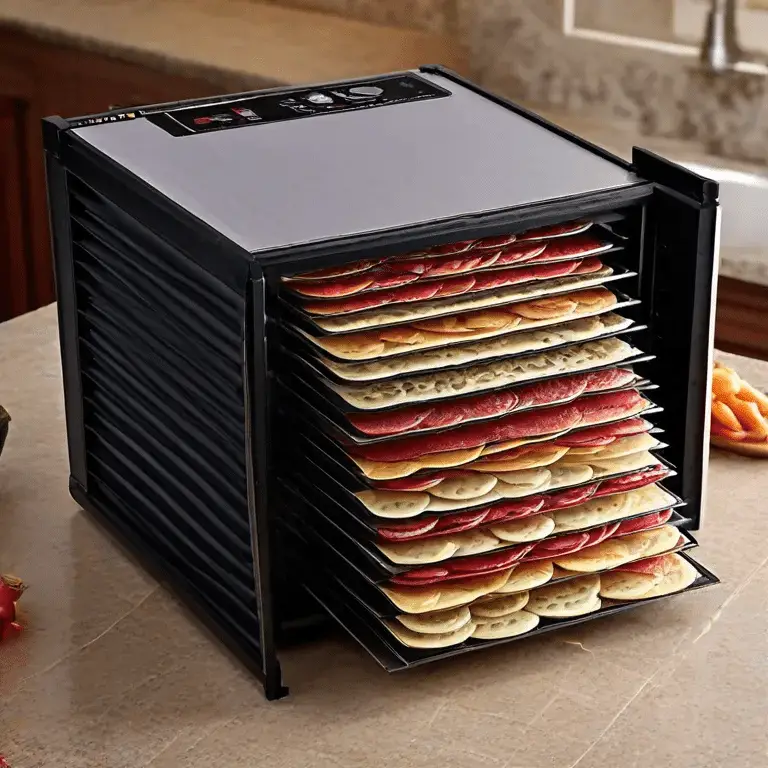 black sleek food dehydrator on a brown table