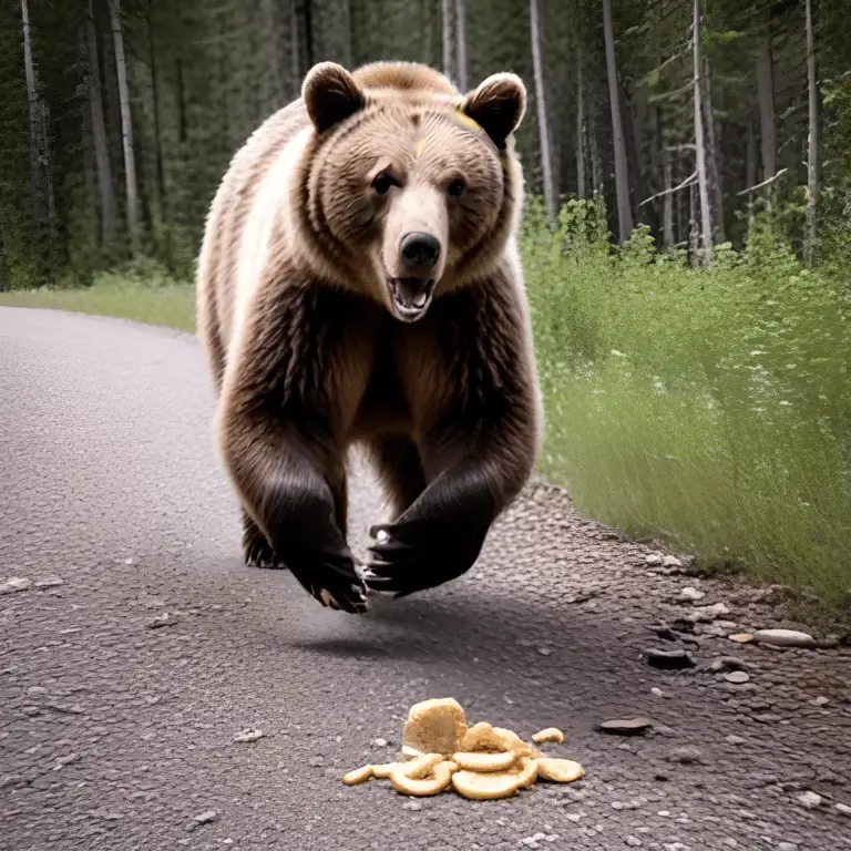 Brown bear running towards dehydrated food