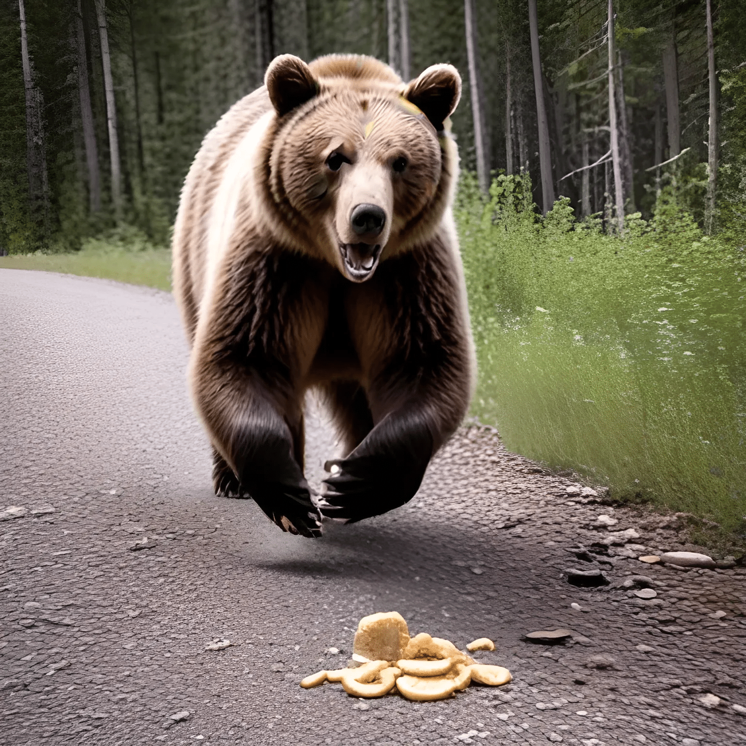 Brown bear running towards dehydrated food