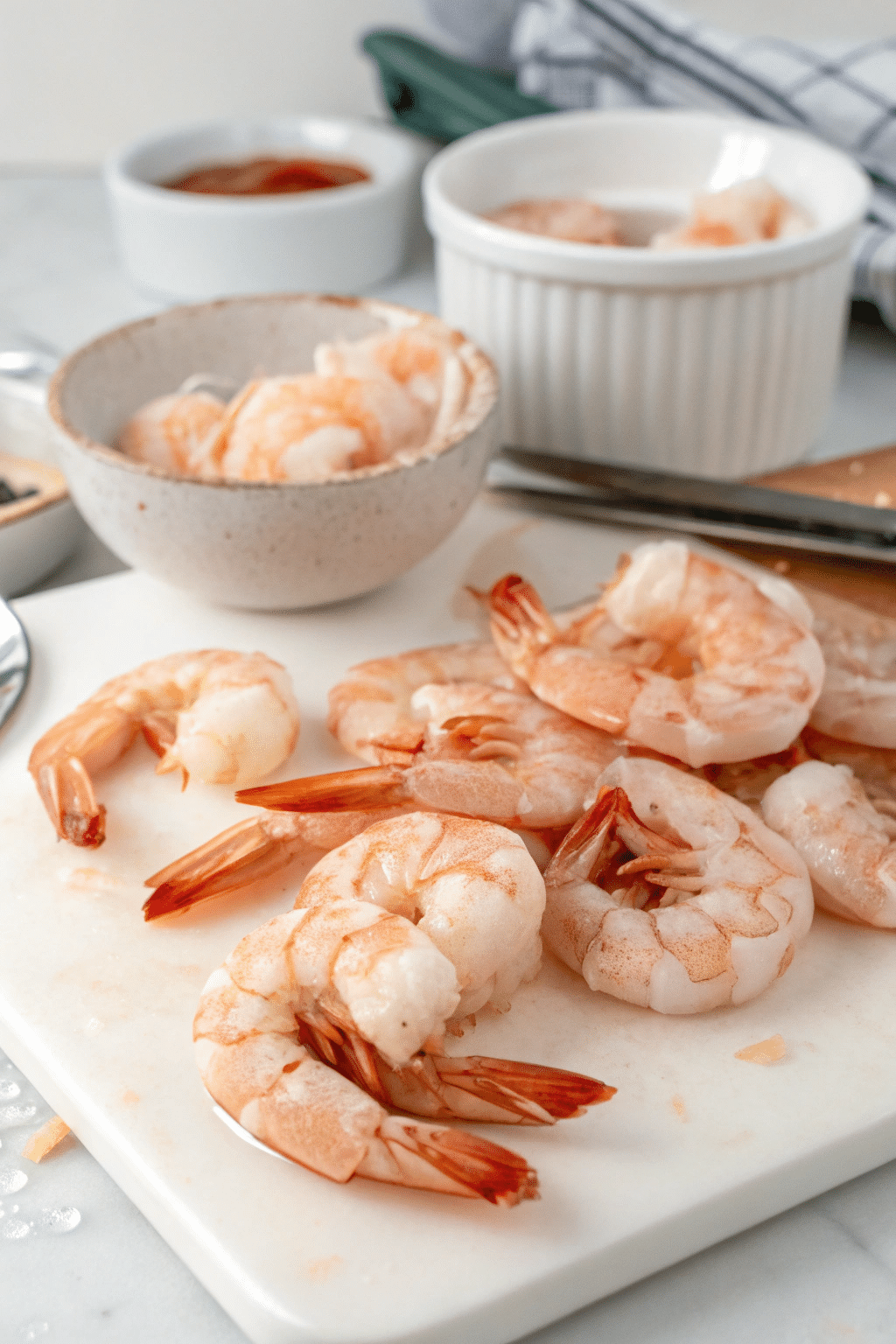 Fresh shrimp being cleaned and deveined, with shells removed, ready for dehydration.
