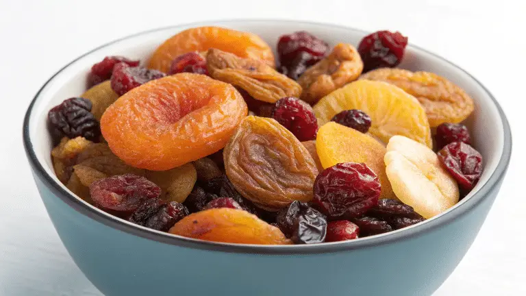 Dehydrated apricots, raisins, cherries in a bowl.