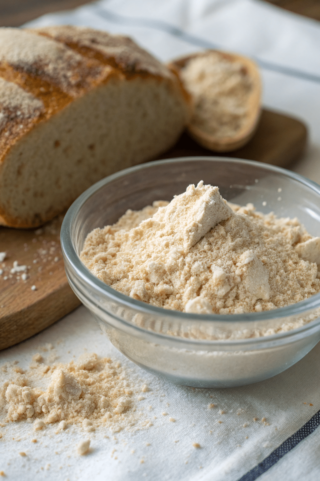 A close-up of dehydrated sourdough starter in a small bowl, showing its fine, powdery texture, ready for rehydration.