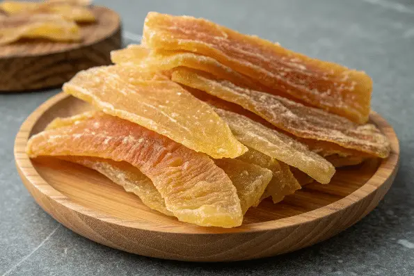 Dried papaya slices on a wooden bowl.