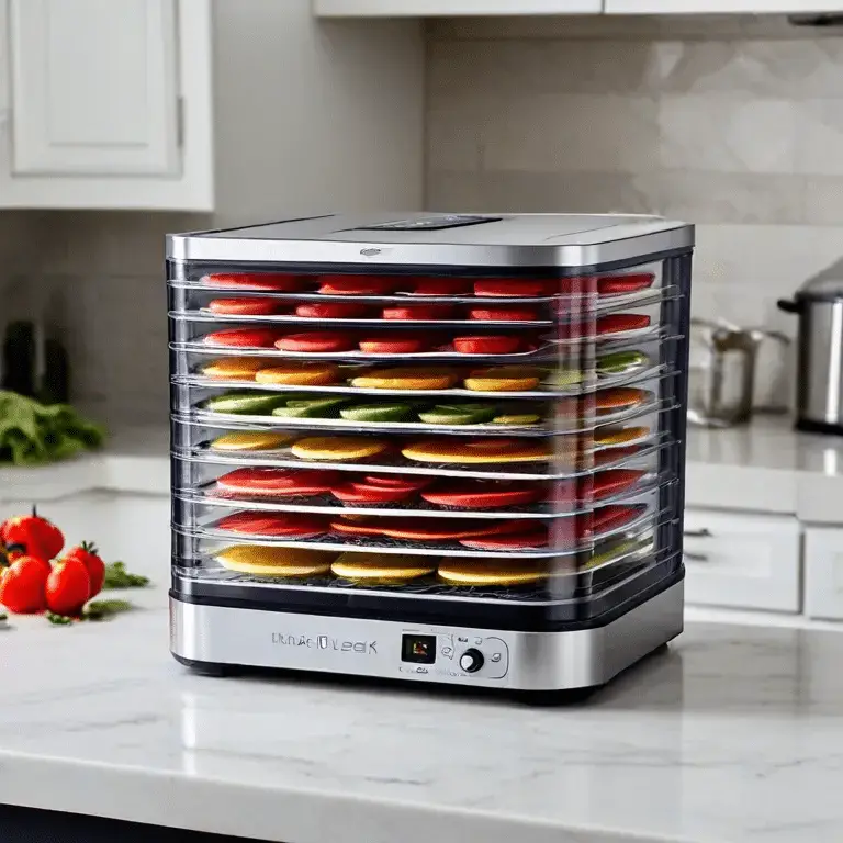 sleek transparent food dehydrator on a marble countertop.