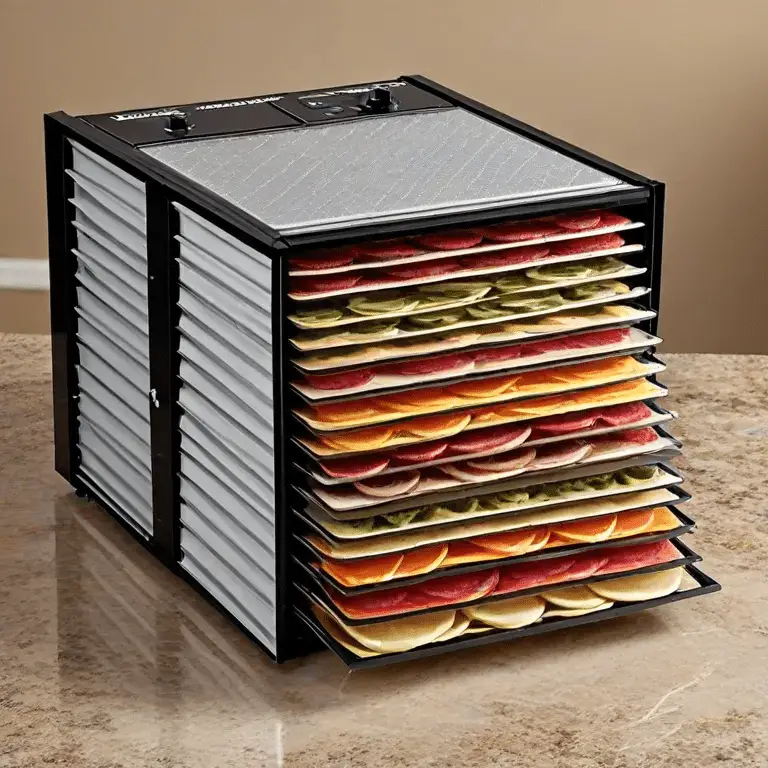a sleek silver and black food dehydrator on a marble countertop