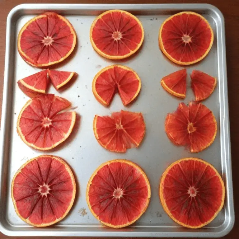 grapefruits sliced on a metal tray getting ready to be dehydrated