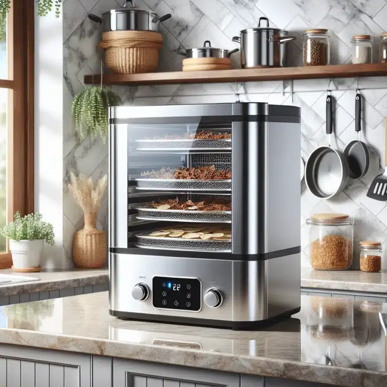 silver sleek food dehydrator in a kitchen