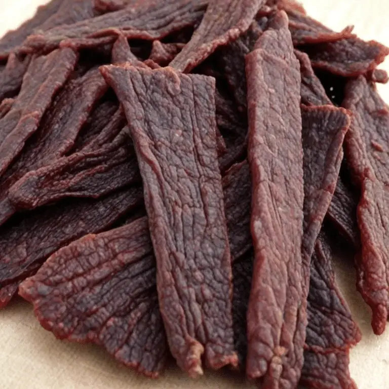 crunchy beef jerky slices on a wooden table