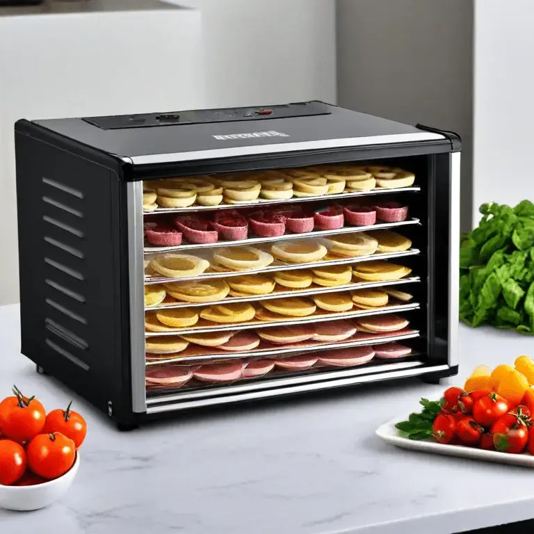 food dehydrator on a kitchen countertop next to tomatoes