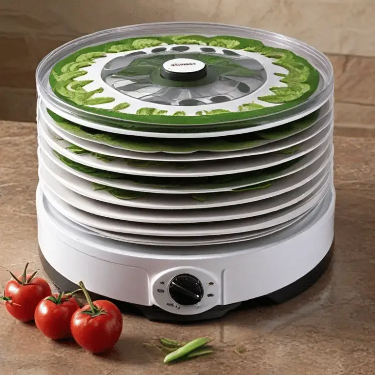 white transparent food dehydrator on a marble background.