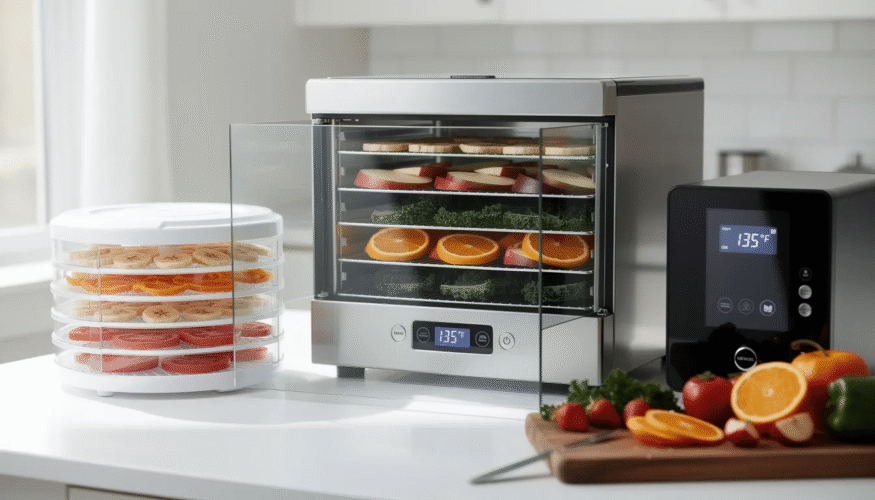 The image showcases a food dehydrator, featuring multiple trays stacked inside a transparent chamber, designed for drying various materials like fruits and vegetables. The appliance emphasizes the importance of moisture removal to enhance food preservation and compares the drying method to that of a filament dryer used in 3D printing, highlighting the significance of maintaining optimal temperature settings for better print quality.