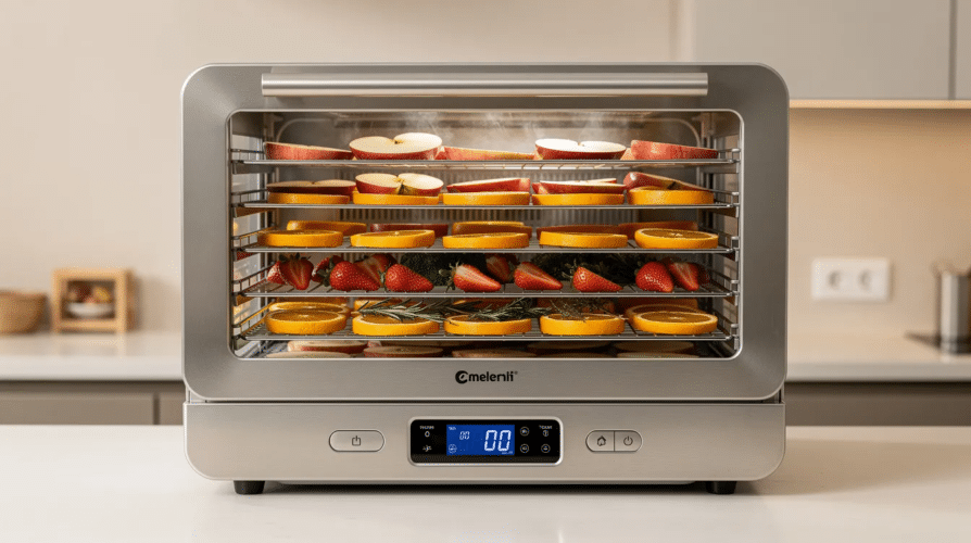 The image showcases a high-quality food dehydrator featuring multiple square trays designed for making homemade beef jerky and dehydrated foods. It highlights important features like adjustable temperature settings and a large drying capacity, making it ideal for creating snacks like fruit leather and jerky from various ingredients.