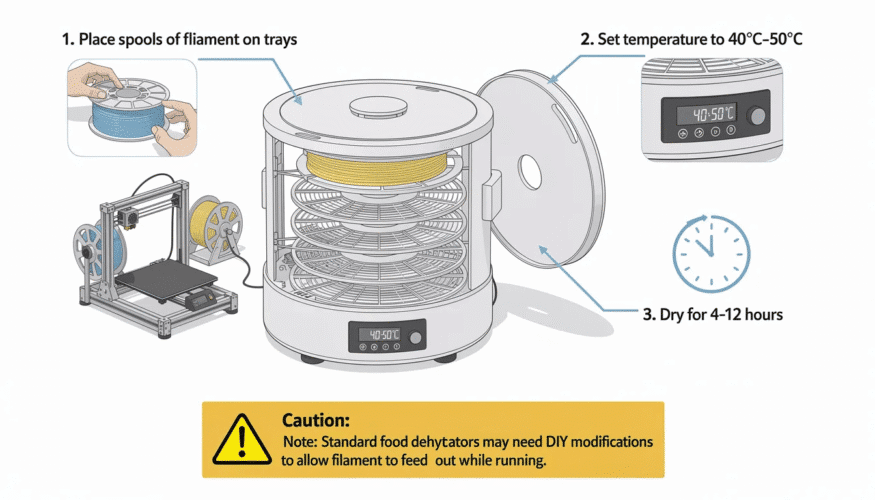 The image shows a food dehydrator with multiple trays filled with spools of filament, ready for drying. The setup highlights the process of filament drying, where the temperature is set between 40°C and 50°C to effectively remove moisture and improve print quality.